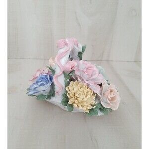 Heavy Ceramic Basket w Capodimonte Style Flowers Cottagecore Decor